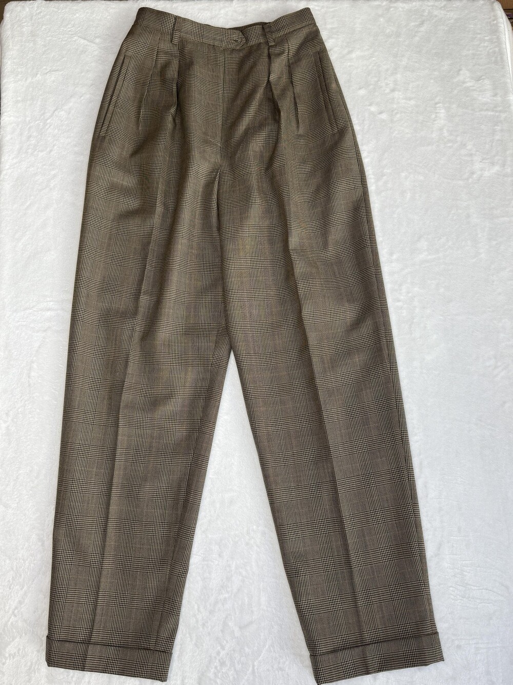 Lauren Ralph Lauren Pants Womens 4 Brown Plaid Wool Cuffed Tapered Altered - Picture 2 of 16